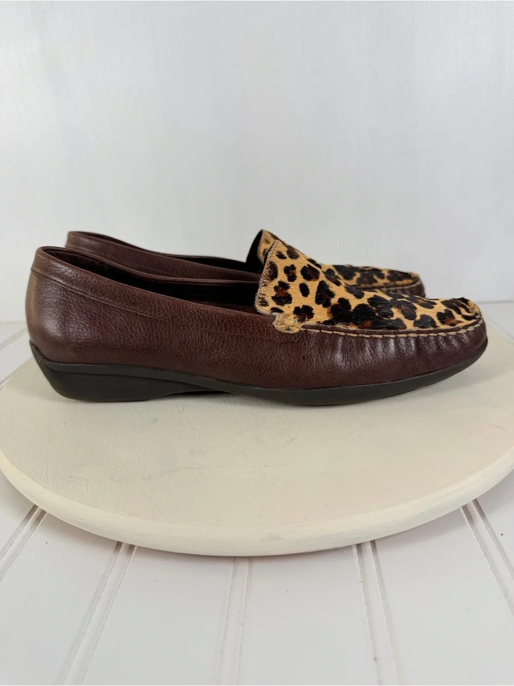 Vintage Studio C Womens Brown Leather Cheetah Calf Hair Slip-on Loafers Sz 41/10